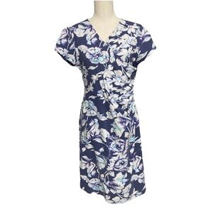 Soft Surroundings Floral Faux Wrap Dress Blue Purple White Short Sleeve Sheath M